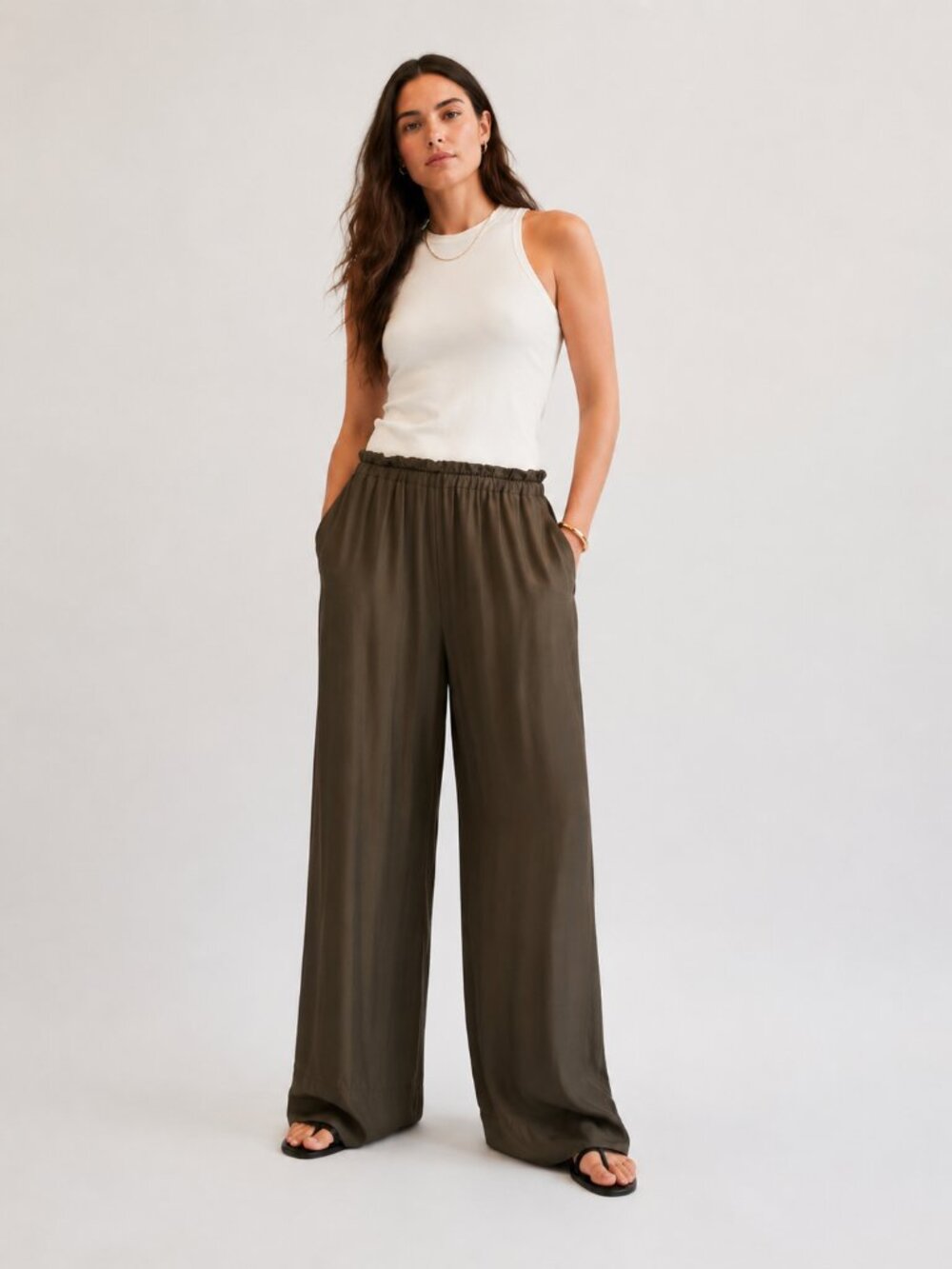 Babaton Wide Leg Satin Pants High Rise Pull On Dark Olive Size XL